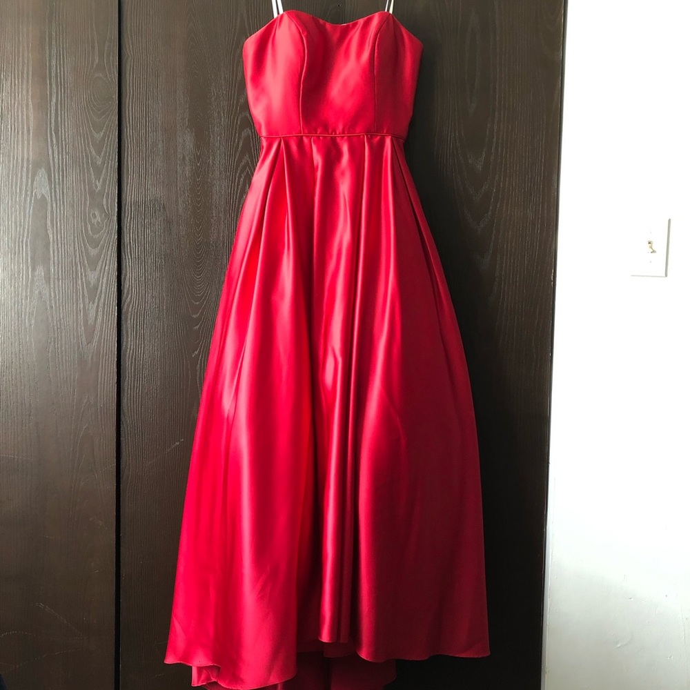 Red Satin High Low Evening Dress
